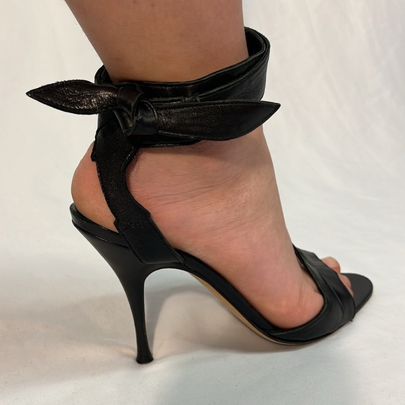 Brian Atwood Black Leather Stilettos Asymmetrical with Ankle Tie - Picture 6 of 14
